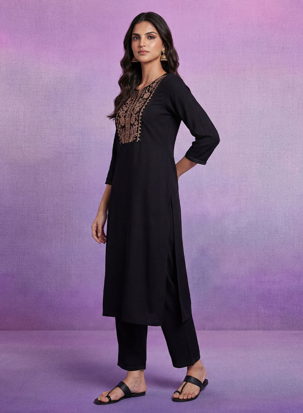 Black Cotton Blend Embroidered Co-ord Set