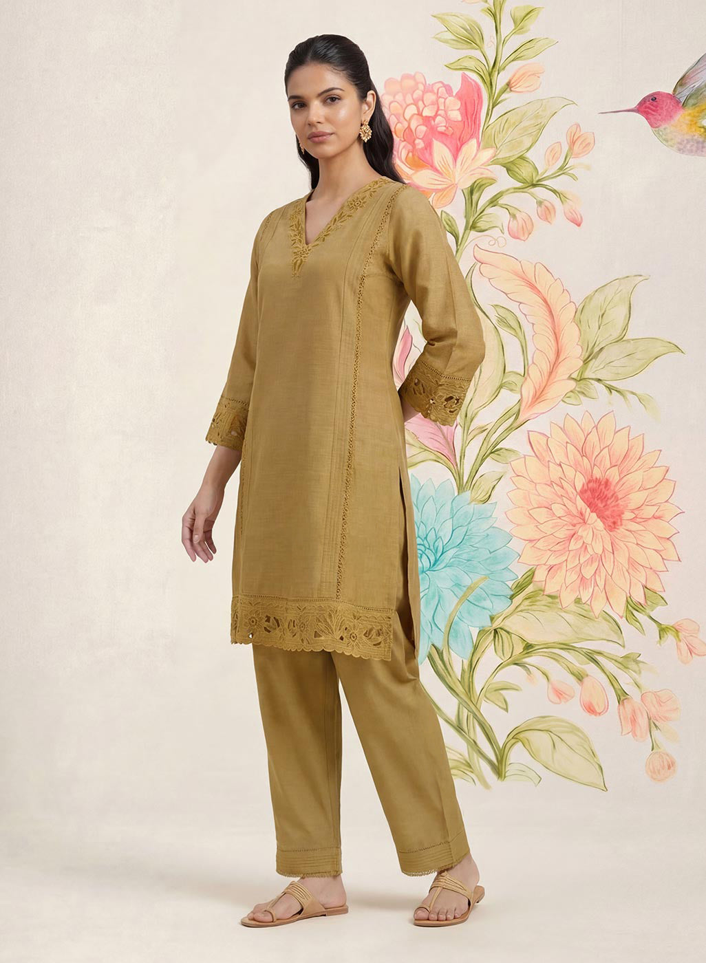 Shayeri Olive Embroidered A-line Kurta Set
