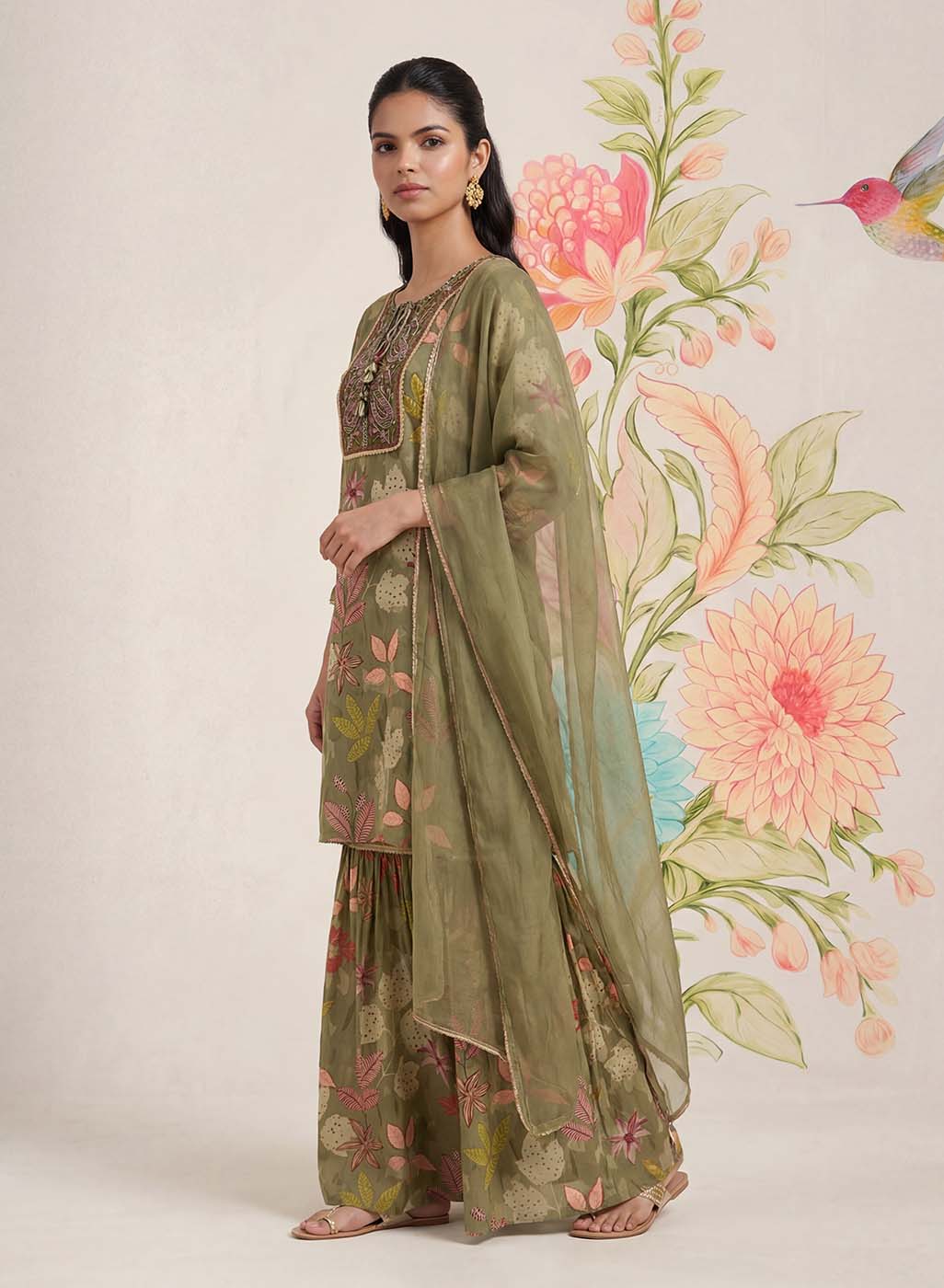 Manjari Green Printed Garara Suit Set with Dupatta