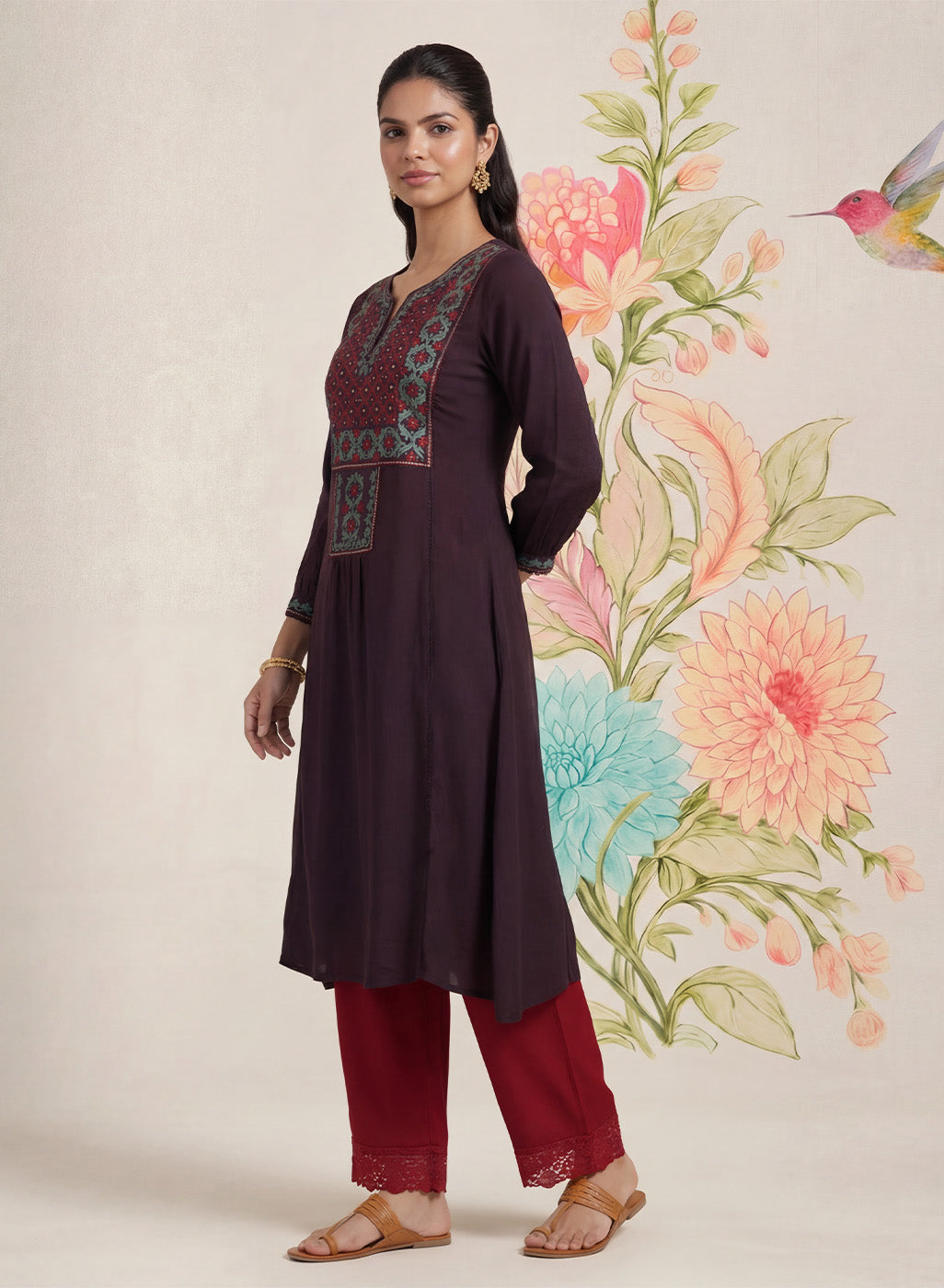 Jugni Wine Embroidered A-line Kurta