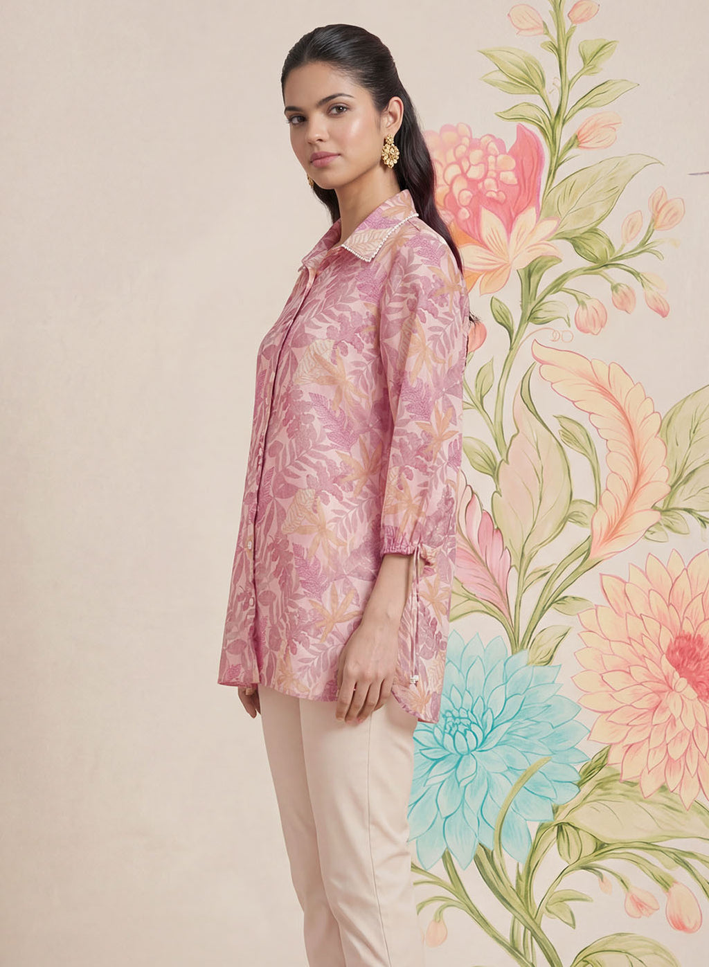 Aro Peach Floral Printed Shirt