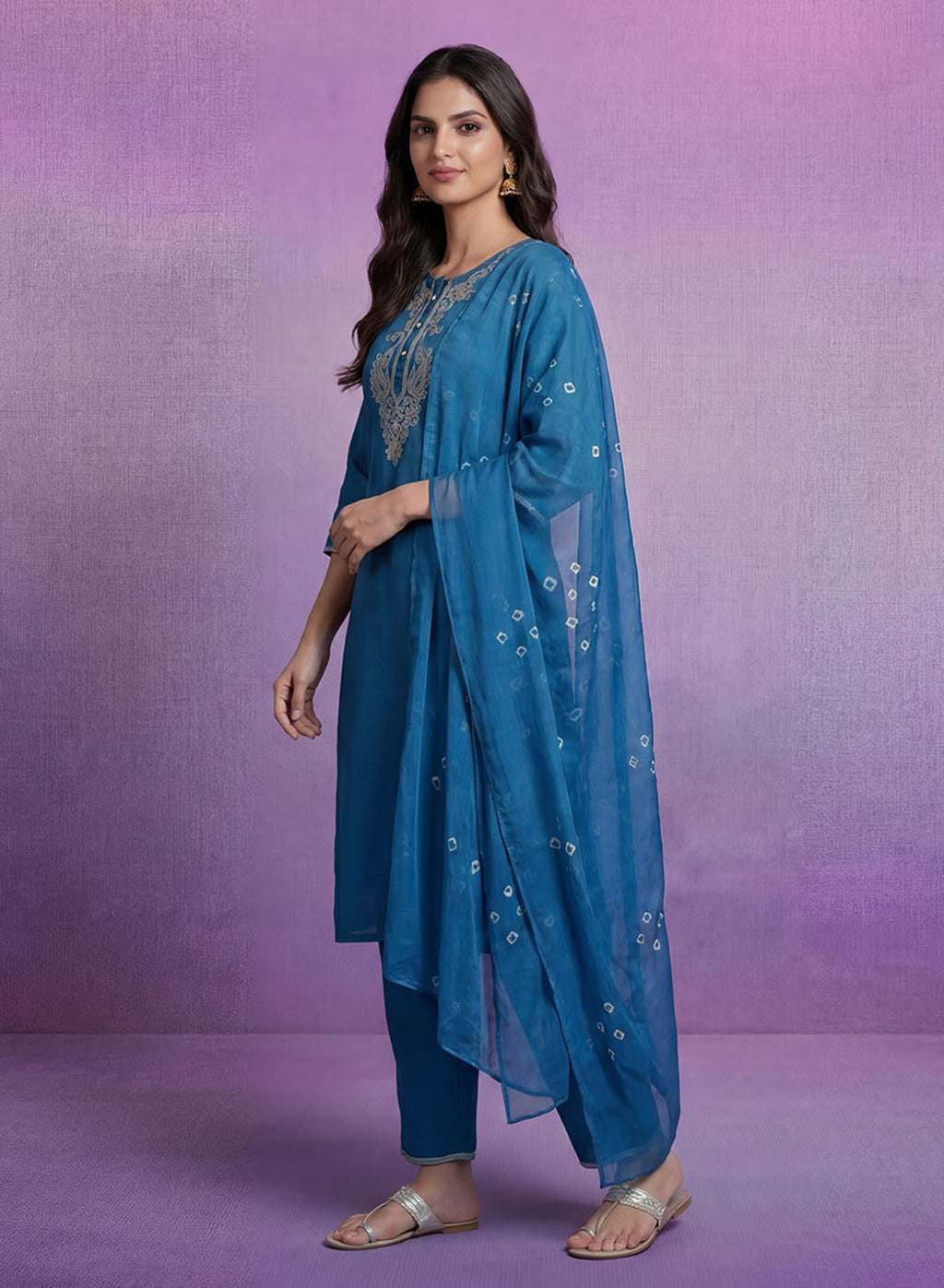 Blue Embroidered Straight Suit Set with Dupatta