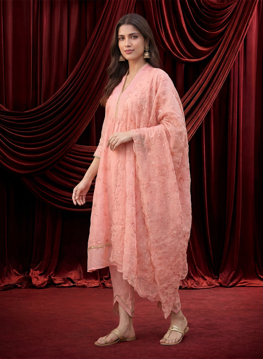 Pink Embroidered Chanderi Suit Set