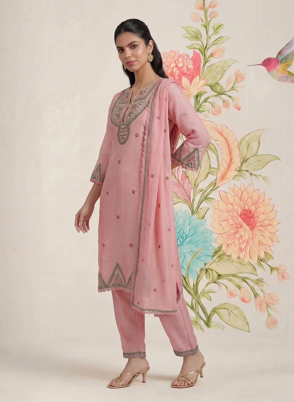 Albeli Baby Pink Embroidered A-line Suit Set with Dupatta