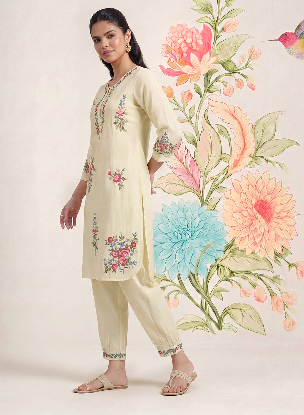 Saavan Light Green Embroidered Cotton blend Kurta Set