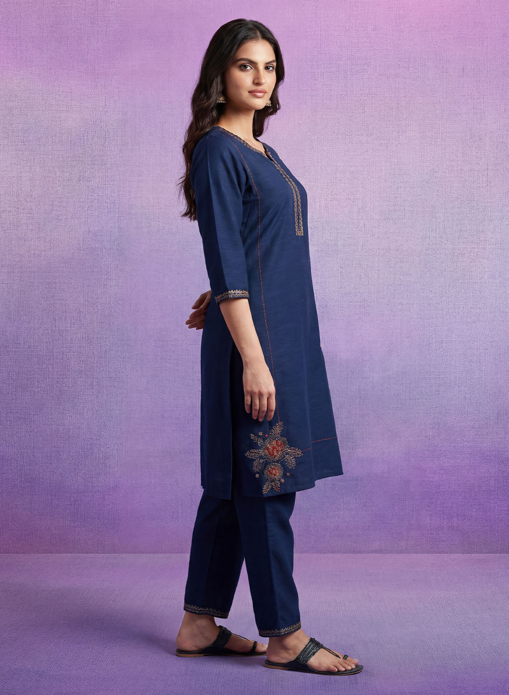 Blue Cotton Blend Embroidered Kurta Set