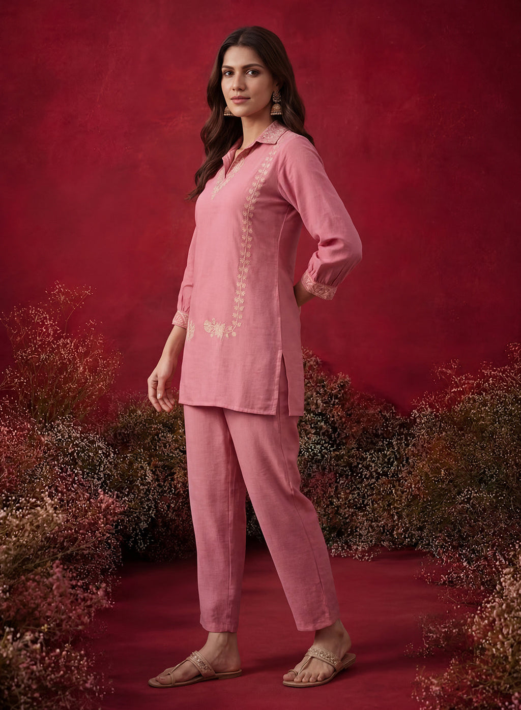 Peach Embroidered Cotton Blend Regular Co-ord Set