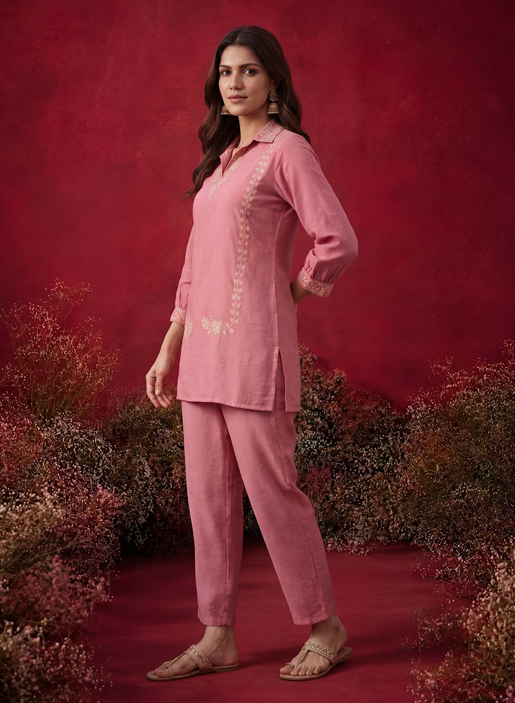 Peach Embroidered Cotton Blend Regular Co-ord Set