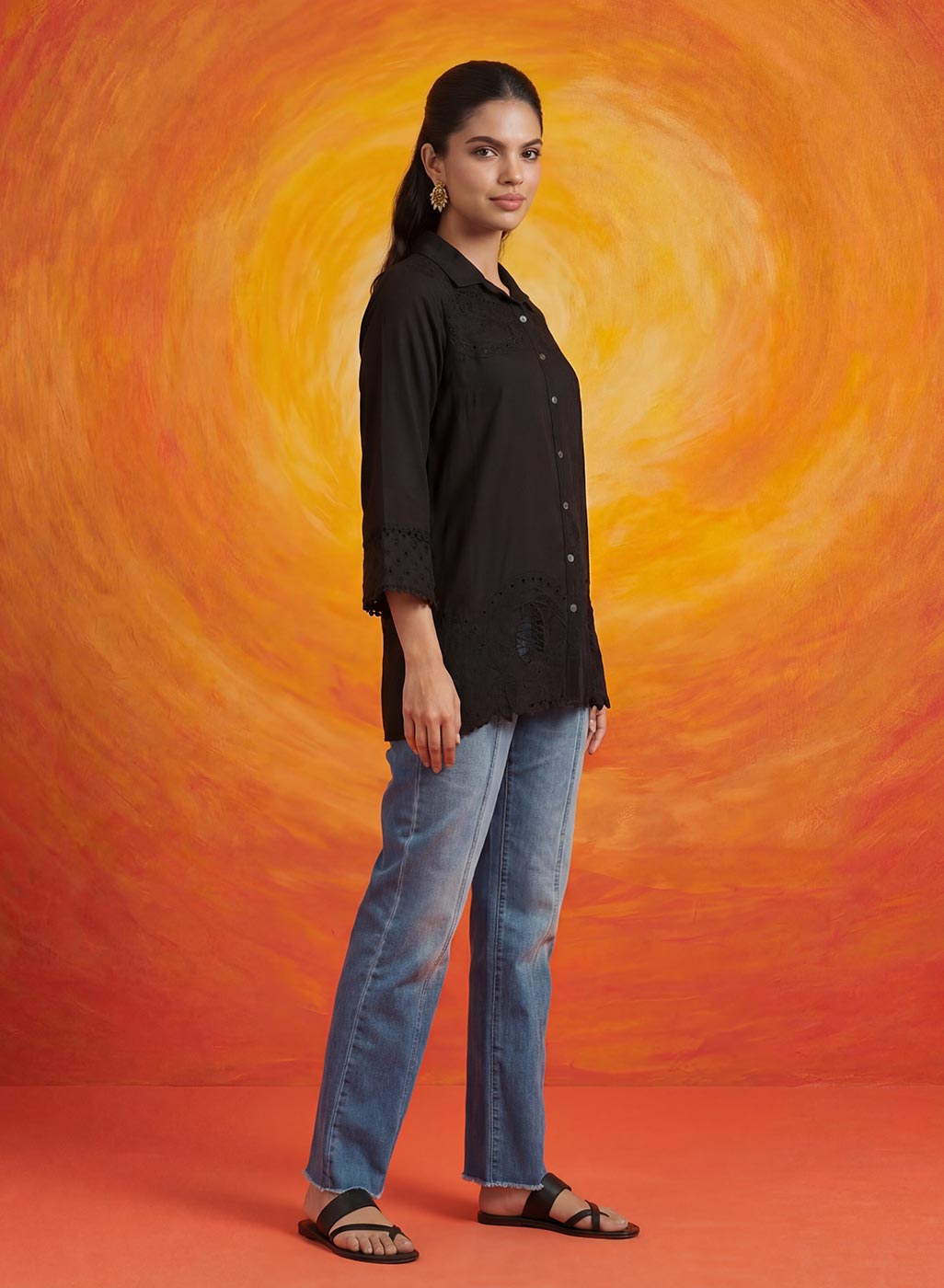 Nriti Black Embroidered Cotton- Blend Shirt