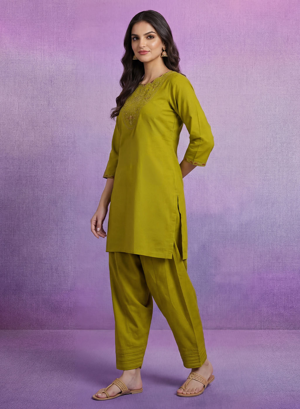 Green Embroidered Cotton blend Kurta Set