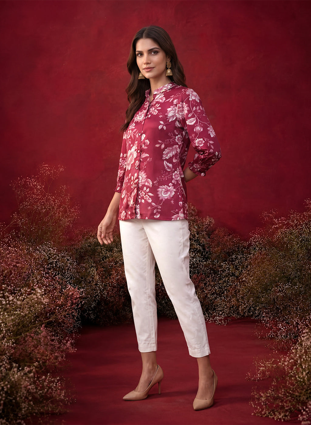 Fuchsia All Over Printed Satin Shirt