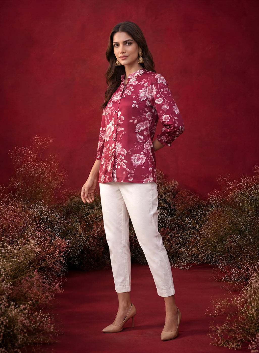 Fuchsia All Over Printed Satin Shirt