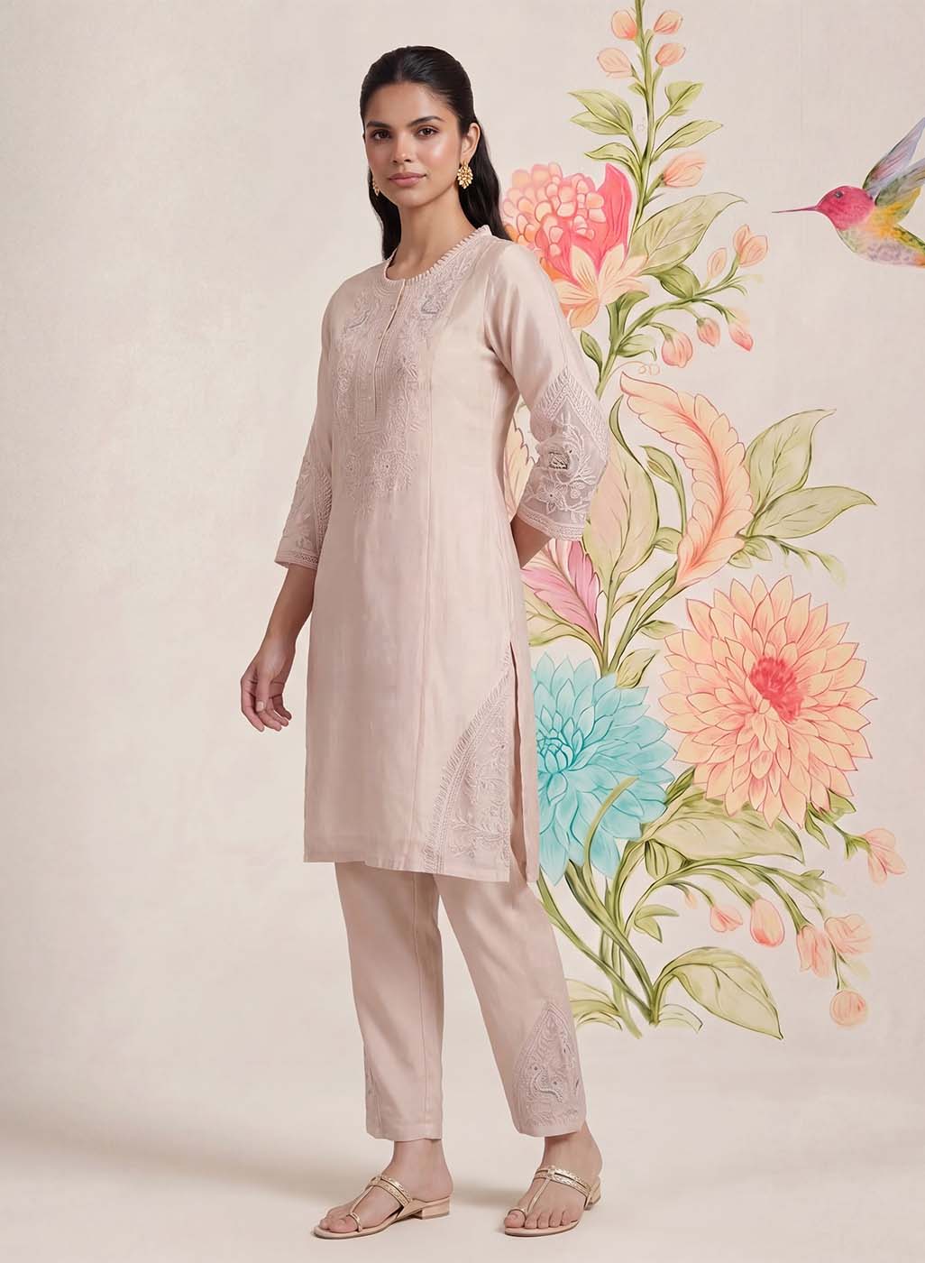 Suroor Light Beige Embroidered Chanderi Kurta Set