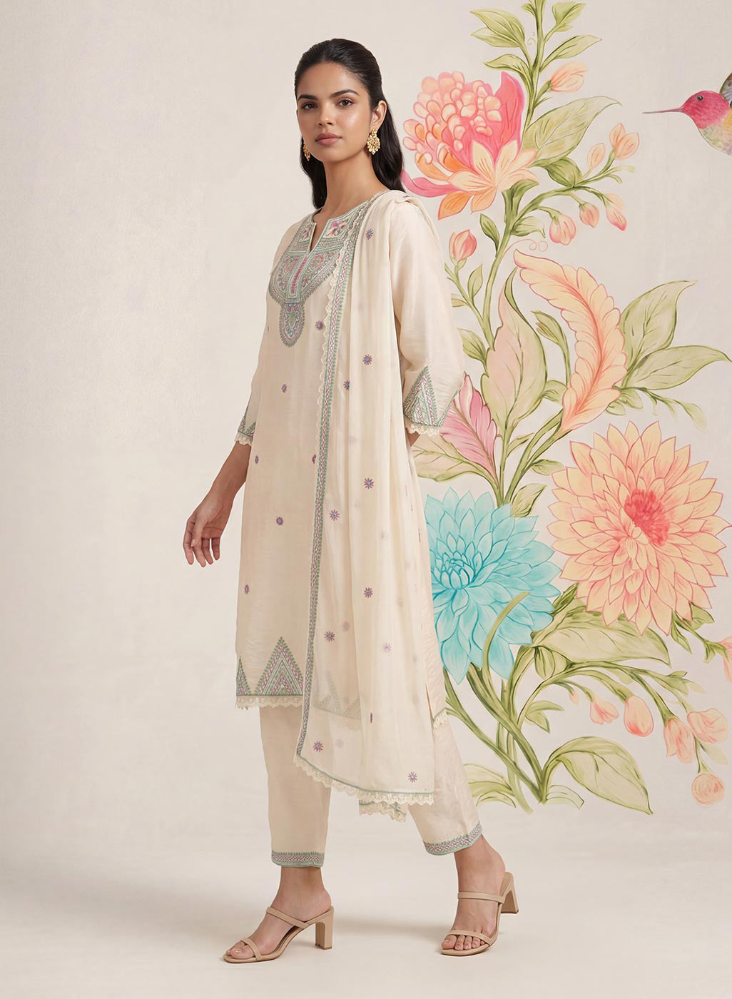 Albeli Ivory Embroidered A-line Suit Set with Dupatta