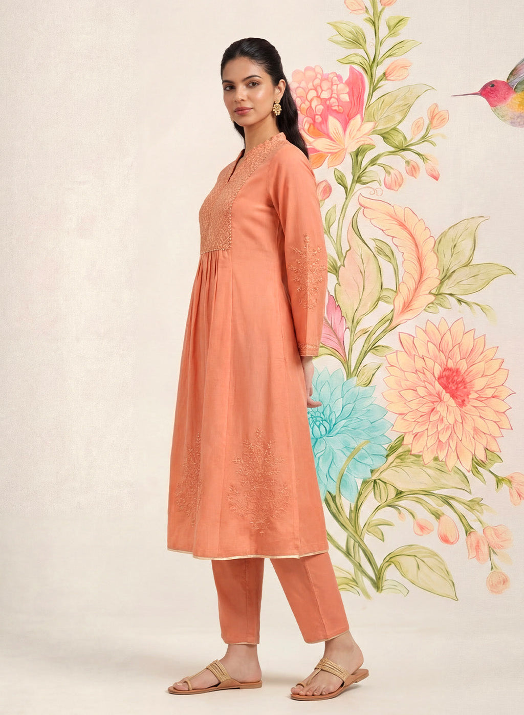 Malang Light Orange Embroidered A-line Kurta Set