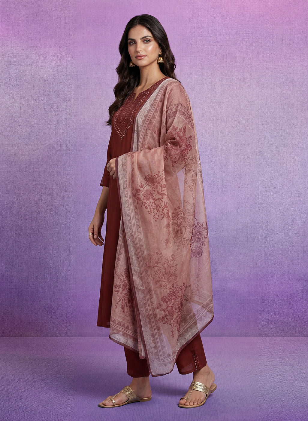 Fuchsia Embroidered Silk Suit Set with contrast Dupatta