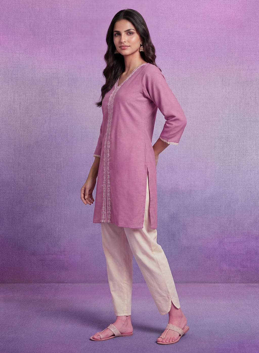 Lavender Embroidered Straight Kurta Set
