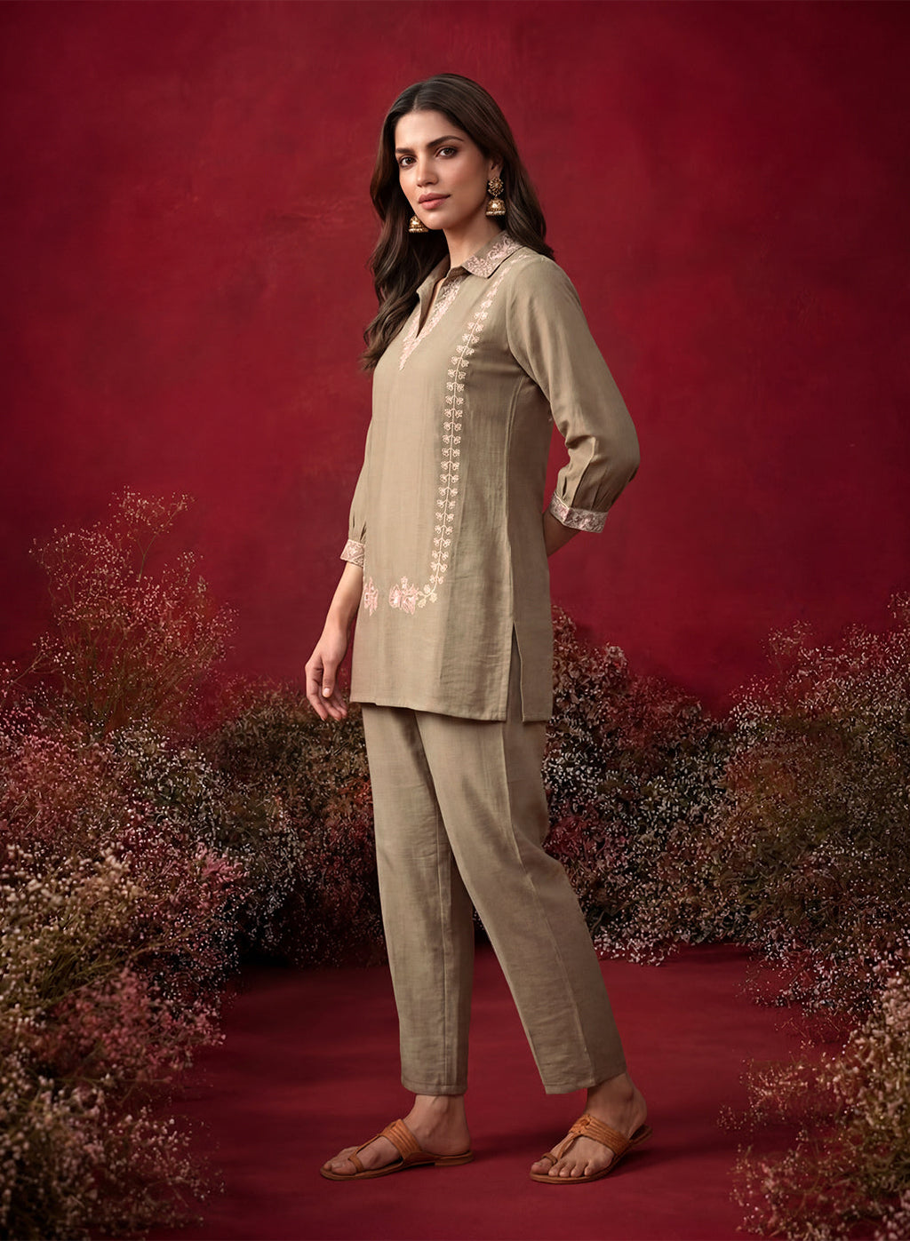 Green Embroidered Cotton Blend Regular Co-ord Set