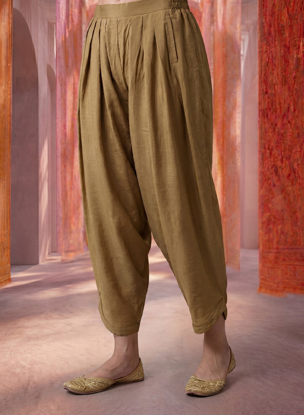 Beige Satin Relaxed Fit Salwar
