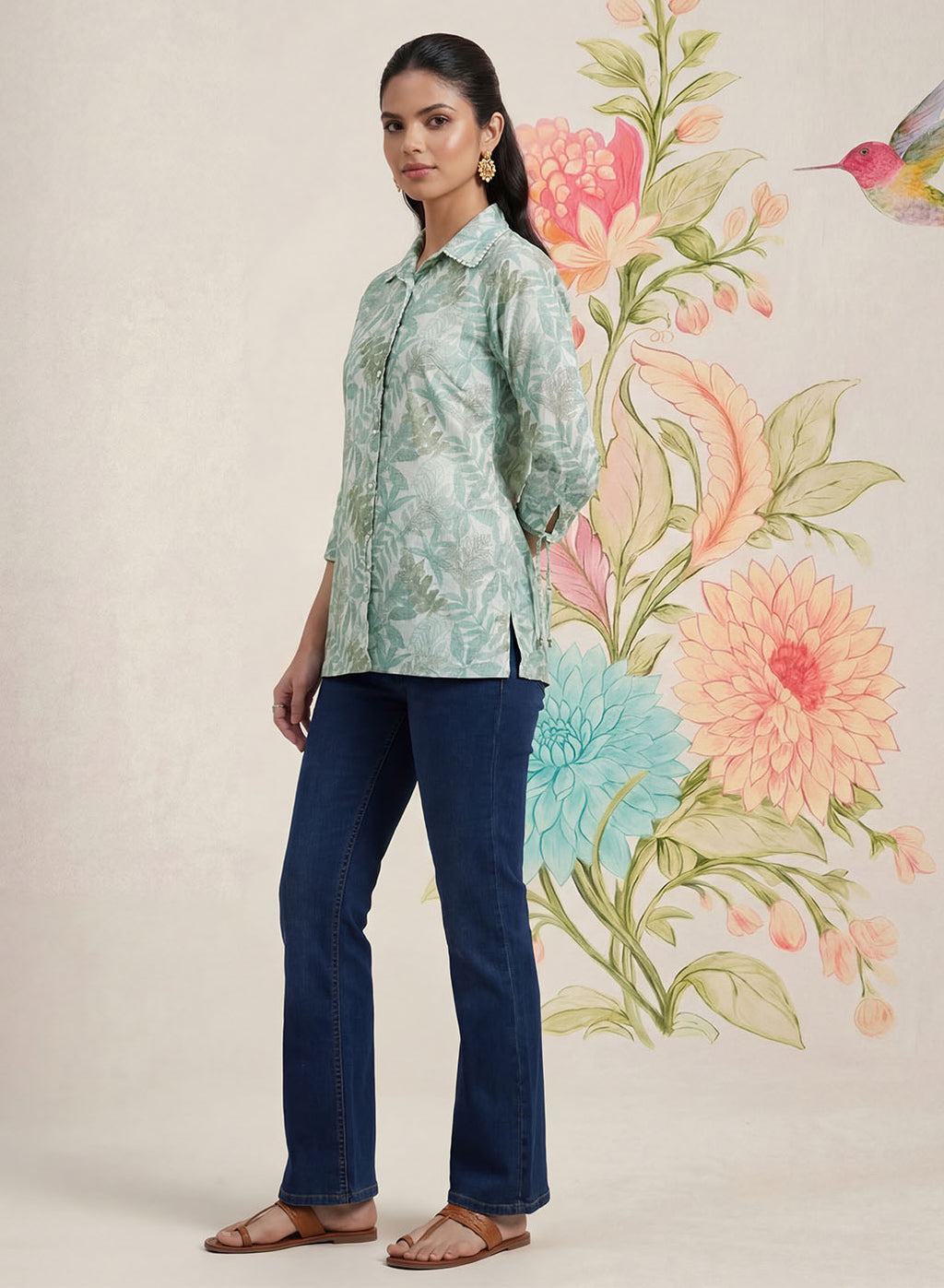 Aro Mint Green Floral Printed Shirt