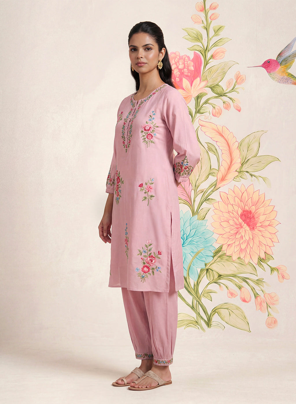Saavan Pink Embroidered Cotton blend Kurta Set