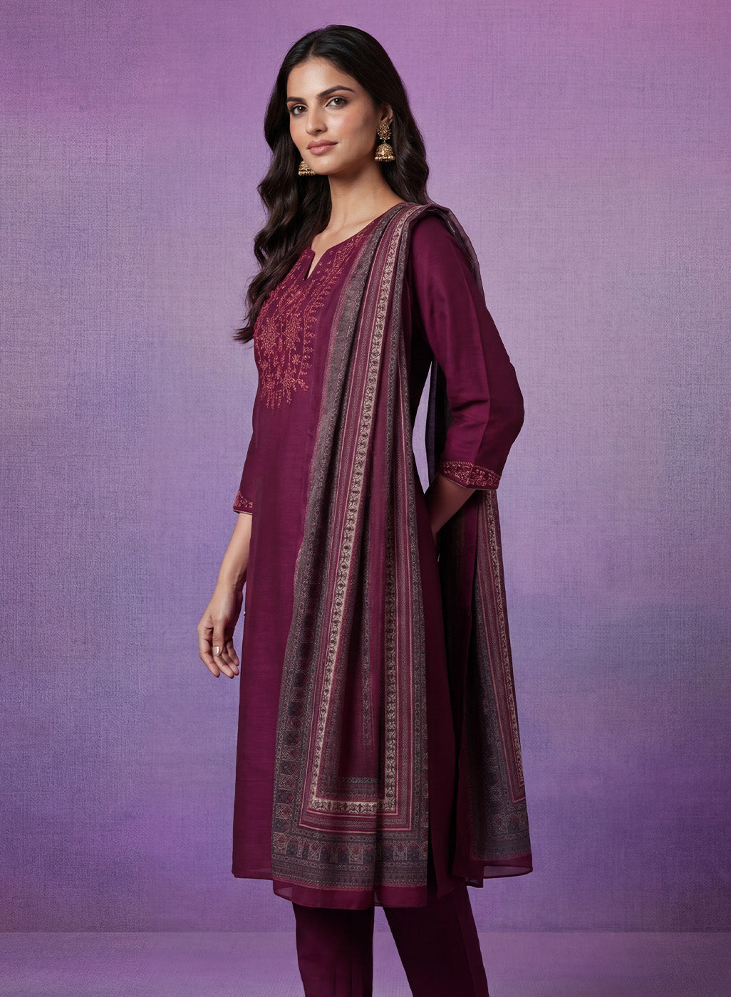 Wine Embroidered Suit Set with Dupatta