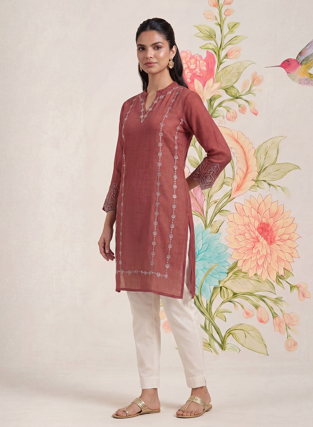 Akshi Red Embroidered A-line Linen-blend Tunic