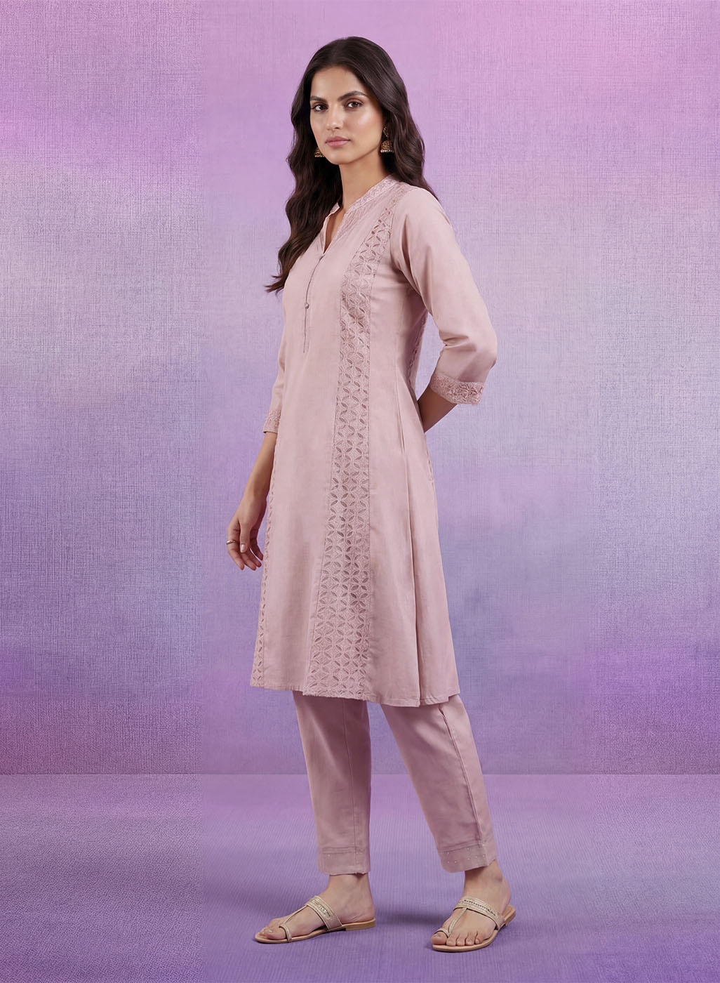 Cream Embroidered A-line Kurta Set