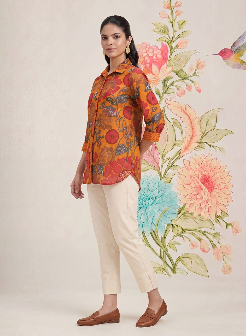 Survani Mustard Floral Printed Cotton Shirt