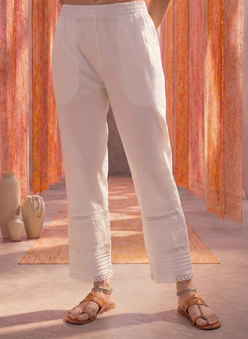 White Lycra Embroidered Straight-Fit Palazzos