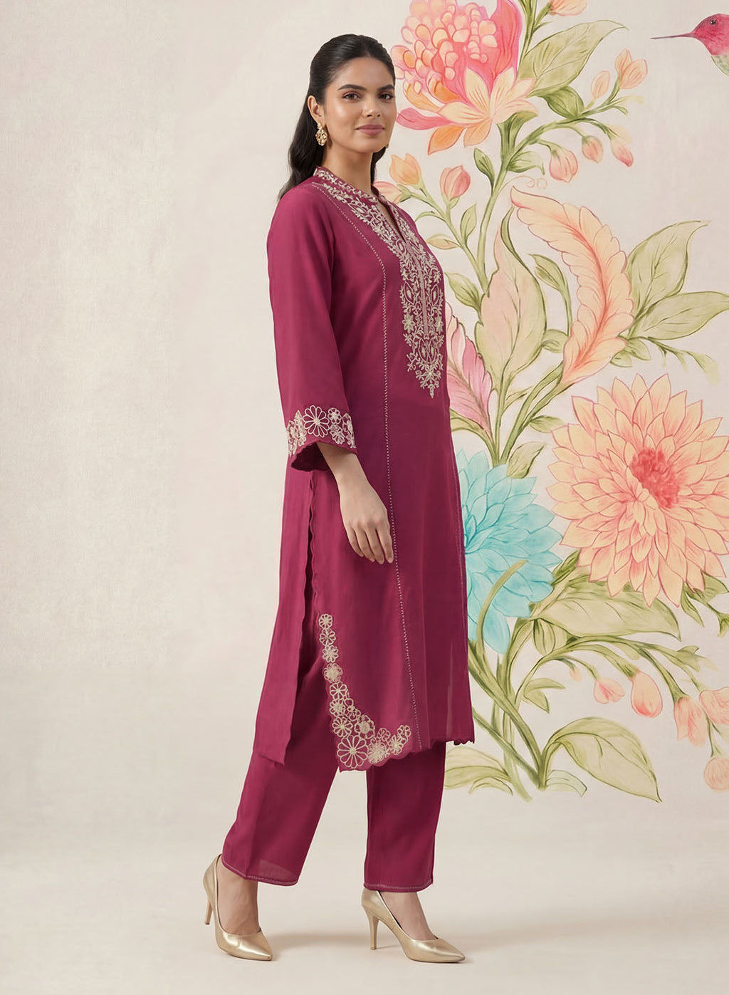 Saroja Dark Fuchsia Embroidered A-line Kurta Set