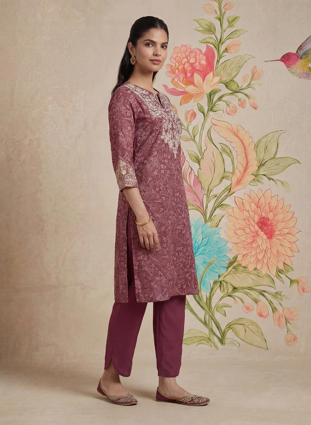 Iraavat Wine Embroidered Cotton Kurta Set
