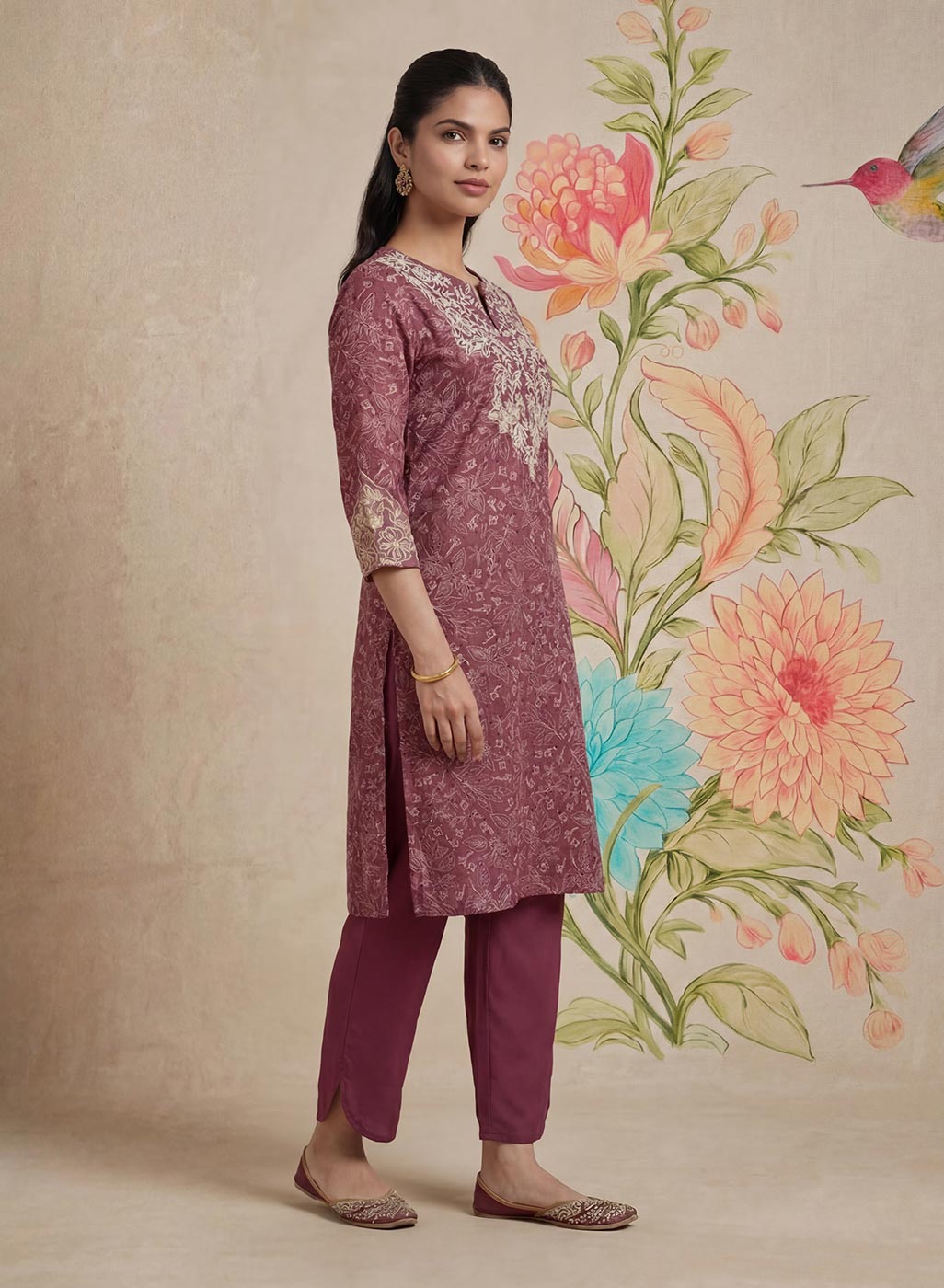 Iraavat Wine Embroidered Cotton Kurta Set