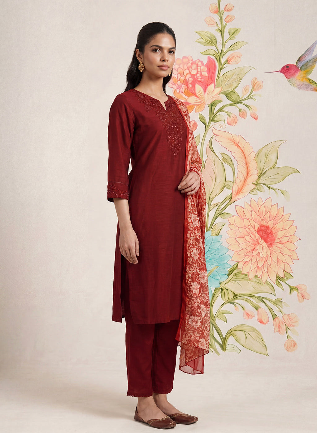 Ragini Maroon Embroidered Straight Suit Set with Dupatta
