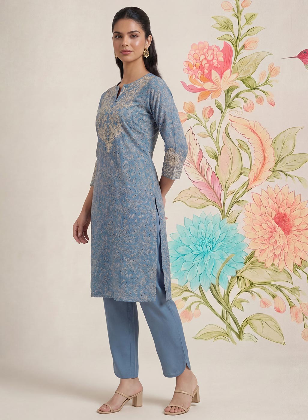 Iraavat Blue Embroidered Cotton Kurta Set