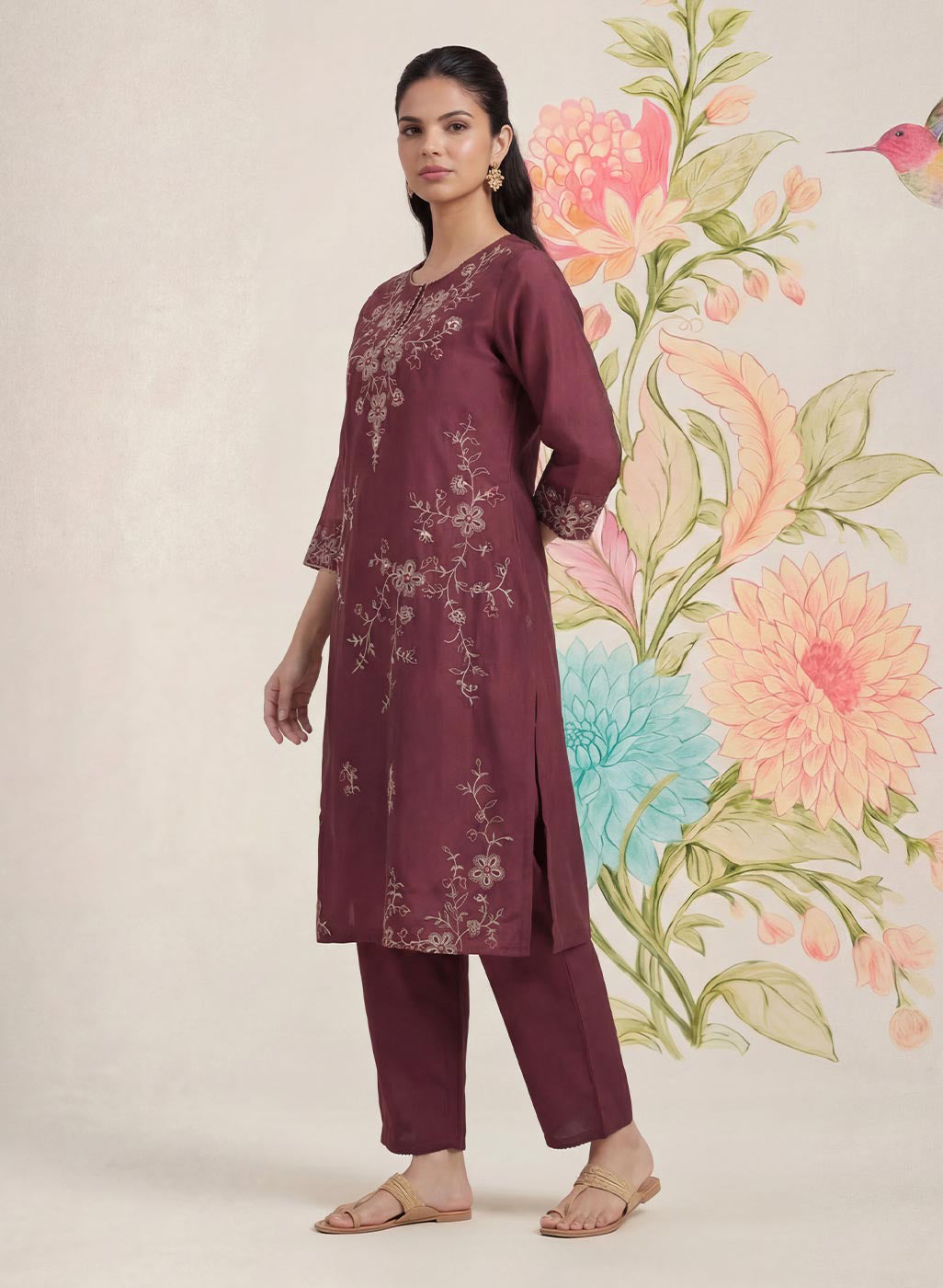Jogan Maroon Embroidered Chanderi Kurta Set