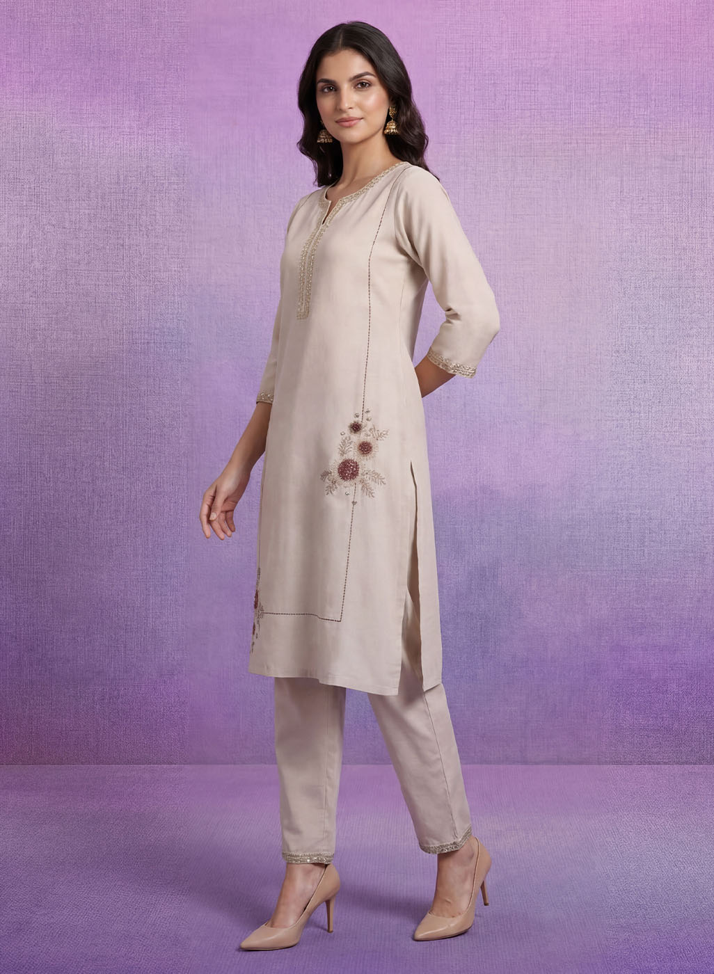 Ivory Cotton Blend Embroidered Kurta Set