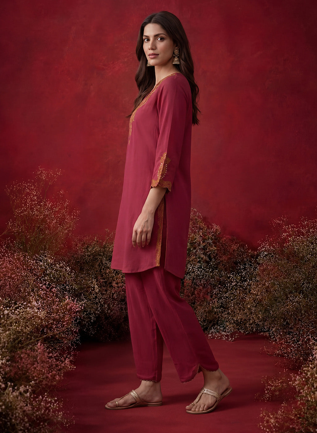 Fuchsia Embroidered Cotton Blend Regular Kurta Set
