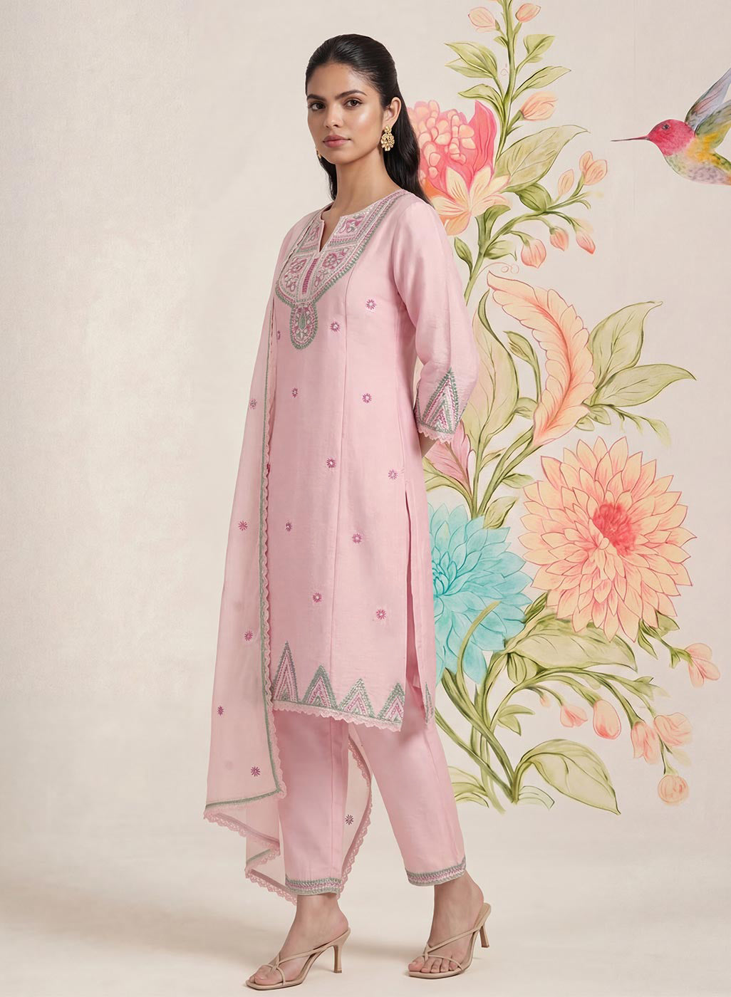 Albeli Pink Embroidered A-line Suit Set with Dupatta
