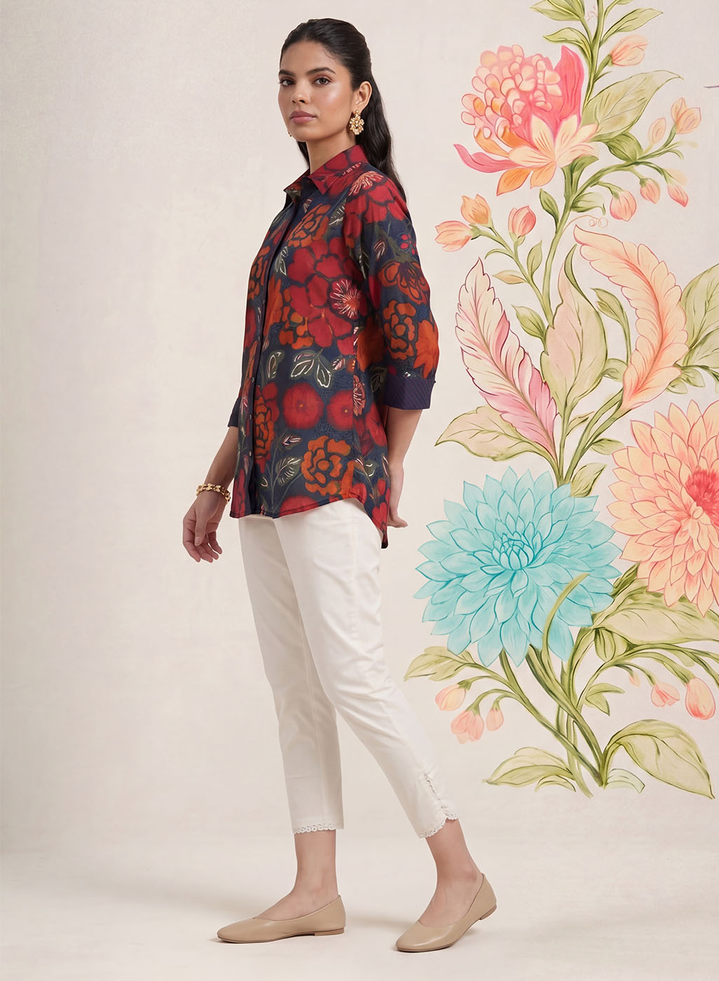 Survani Navy Floral Printed Cotton Shirt