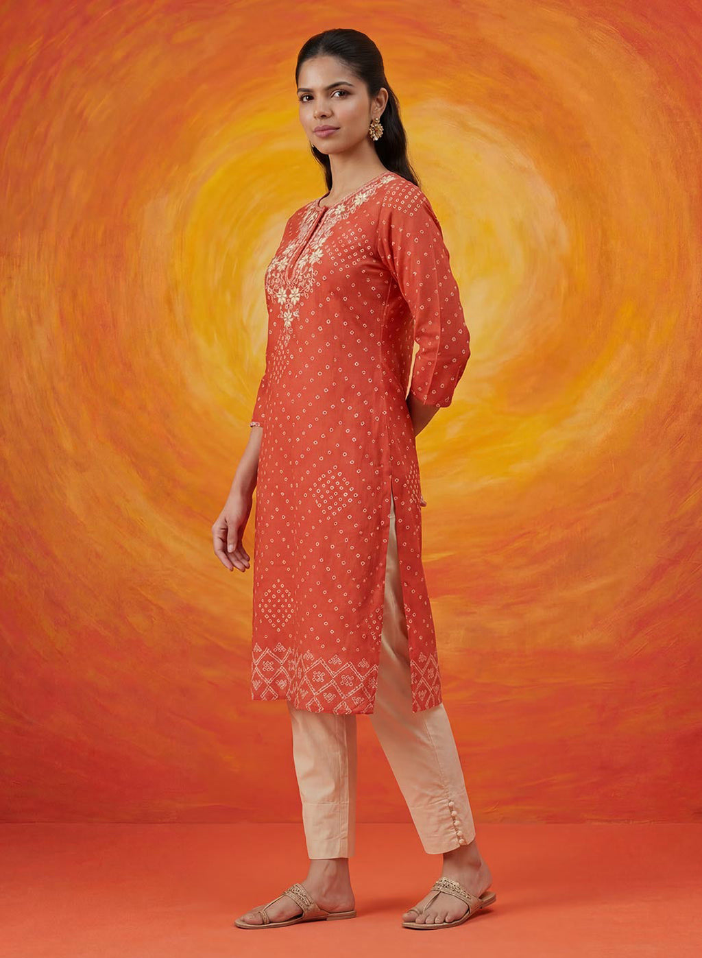 Khas Orange Bandhni Printed Straight Kurta