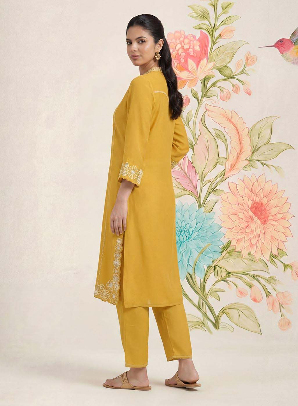 Saroja Yellow Embroidered A-line Kurta Set