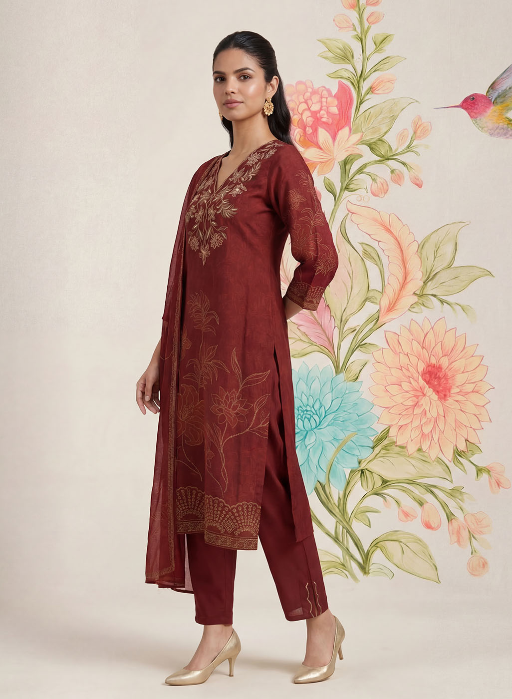Kasni Maroon Printed Suit Set with Dupatta