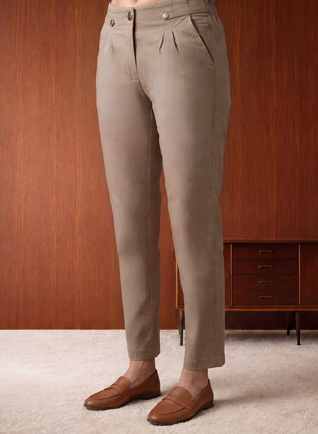 Beige Cotton Blend Regular Fit Pants