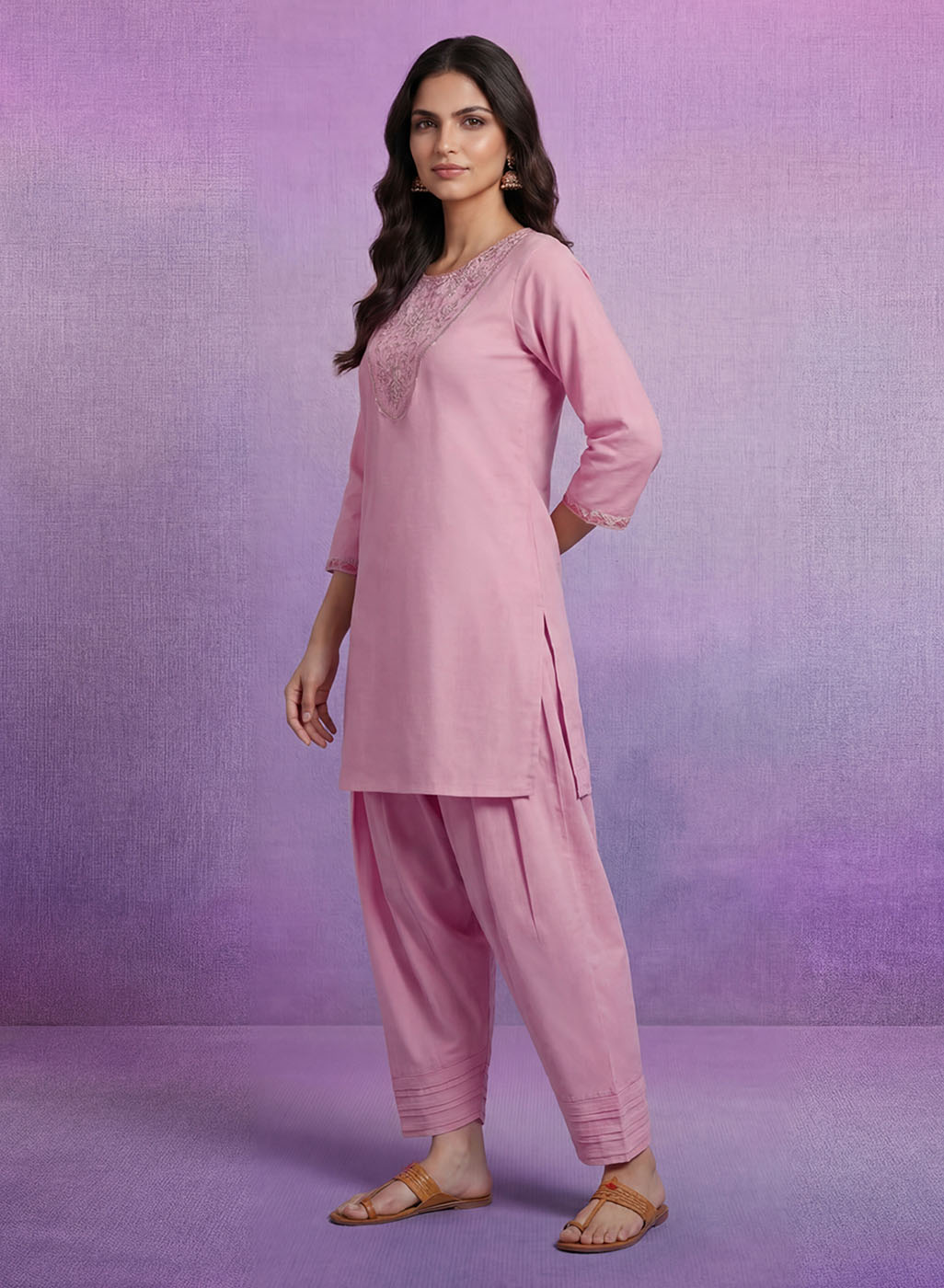 Pink Embroidered Cotton blend Kurta Set