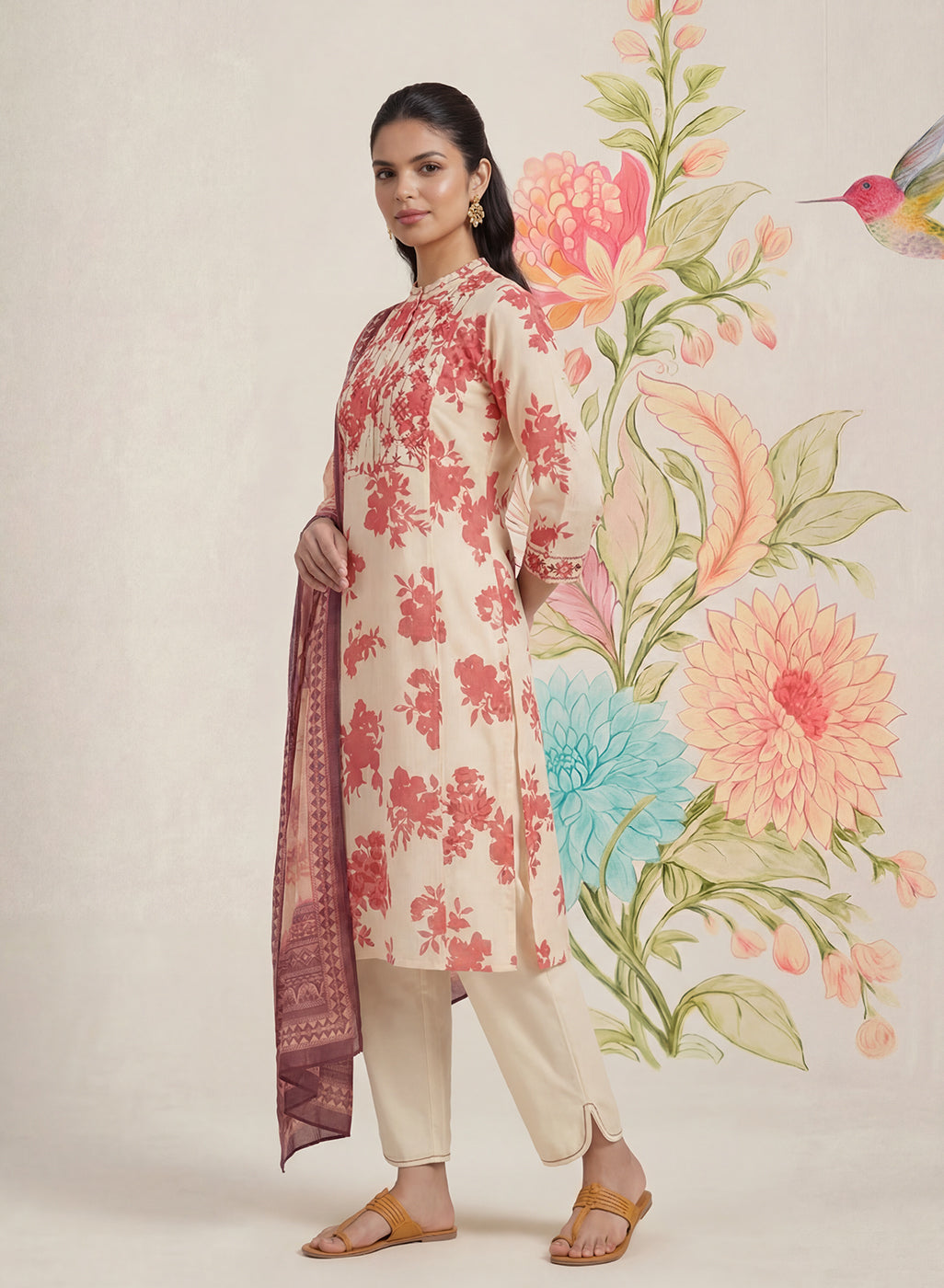 Falguni Red Printed Cotton Suit Set with Dupatta
