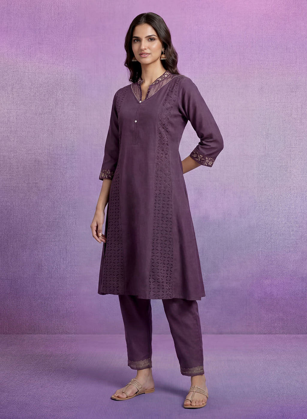 Purple Embroidered A-line Kurta Set