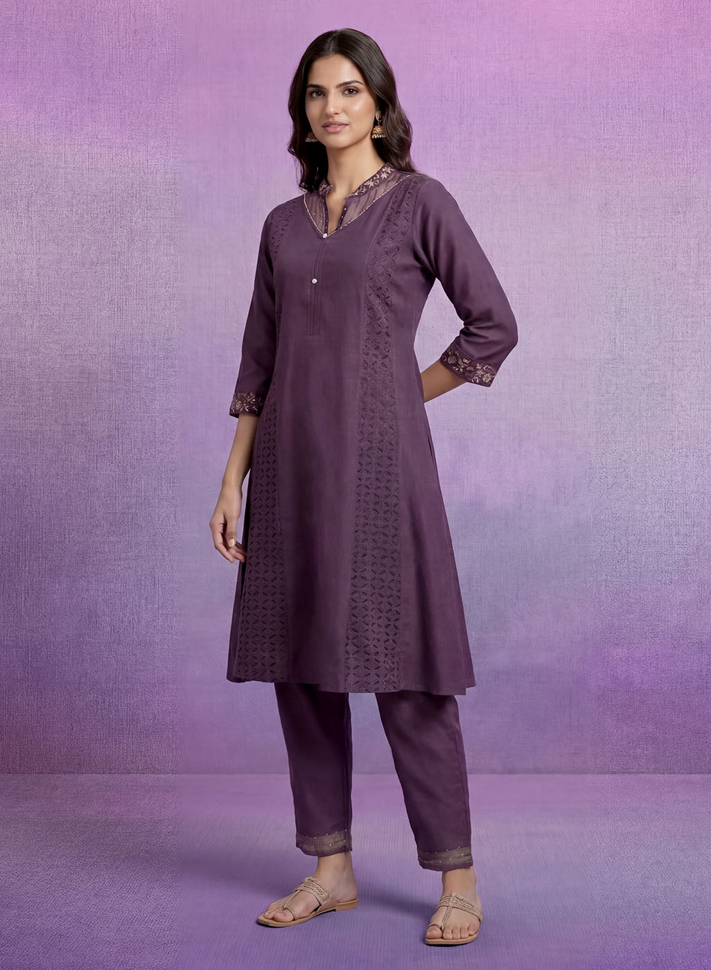 Purple Embroidered A-line Kurta Set