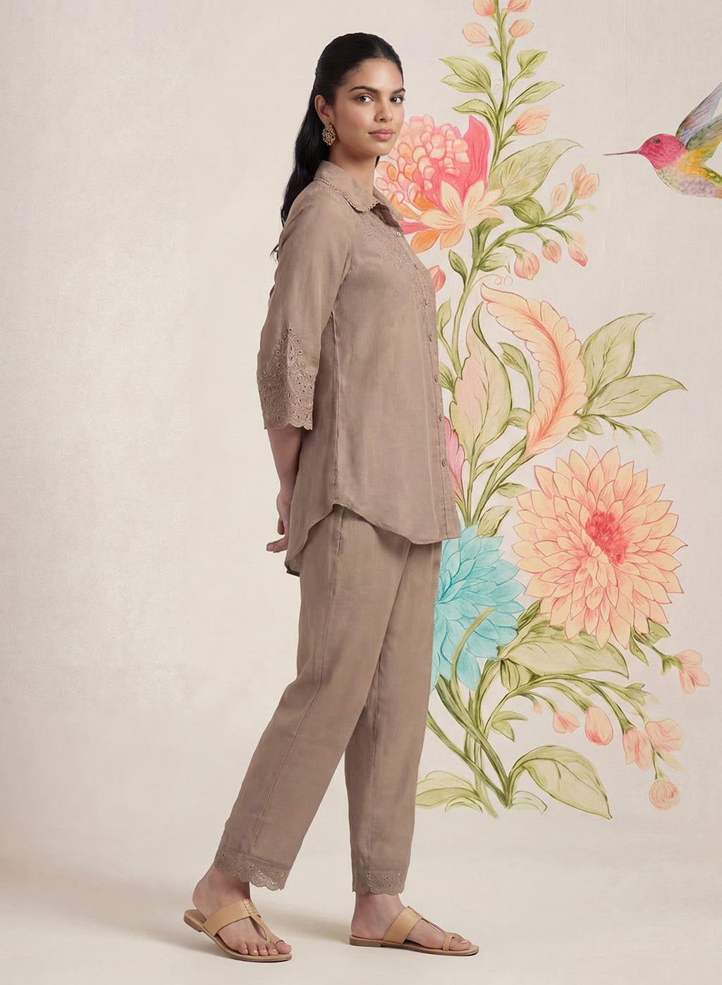 Zoa Beige Monochrome Embroidered Co-ord Set