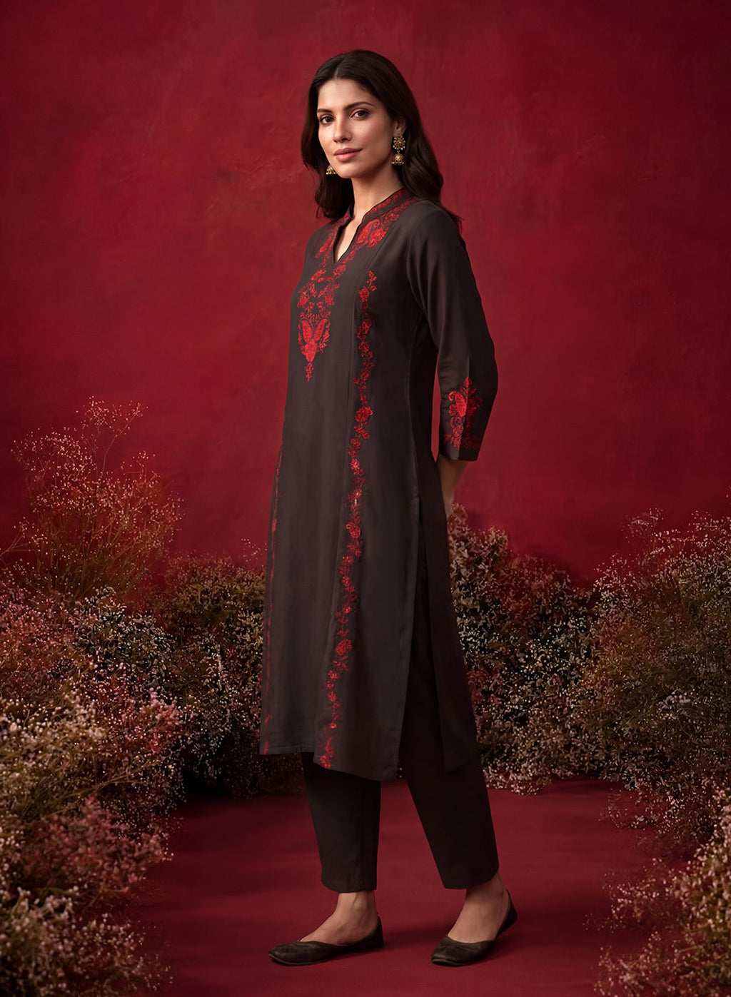 Brown Embroidered Cotton Blend Everyday Kurta
